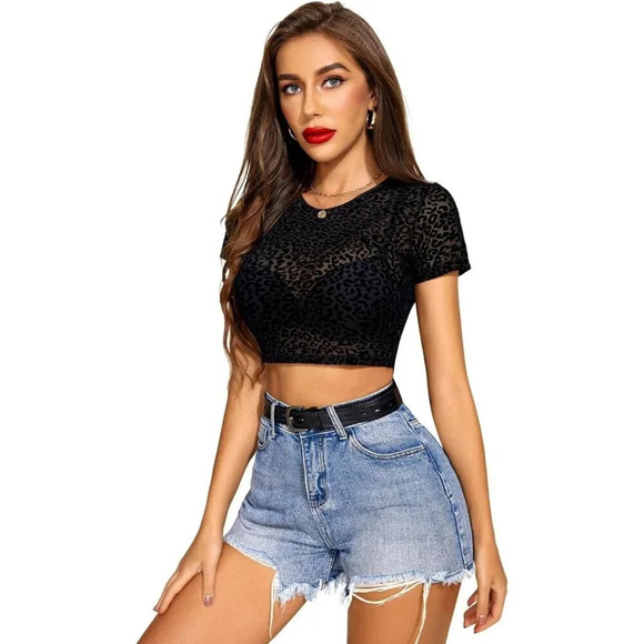 Women Black Crop Top Mesh  Tee Shirt Plus Sheer Blouse Long/Short Sleeve - Picture 5 of 6